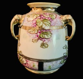 Hand Painted Nippon Floral Vase With Golden Cloisonne Like Accents