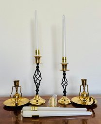 Four (4) American Museum Brass Collection Candle Sticks In Two Styles, Including Tapers And Followers