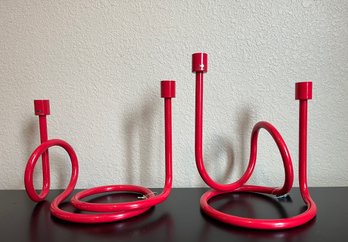Paola Navone Crate And Barrel Red Metal Modernist Candle Holders