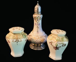 3 Hand Painted Porcelain Salt And Pepper Shakers, One With A Sterling Silver Base