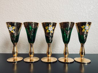 Vintage Green Murano Glass Goblets With Gold Accents