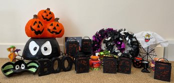 Large Variety Of Halloween Decor Including Spider Candy Holder And Light Up Pumpkins