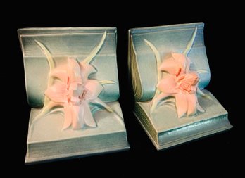 Pair Of Vintage Roseville Pottery Zephyr Lilly Bookends