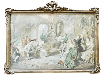 Late 19th Century Antique Vicente Garcia De Paredes Rococo Parlor Scene Hand-Colored Lithograph