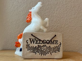 Small Carved Horse Candle And Welcome Sign