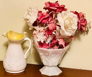 Vintage Kanawha Hand Crafted Glass Pitcher Yellow & White Grapevines & Anchor Hocking Milk Glass Pedestal