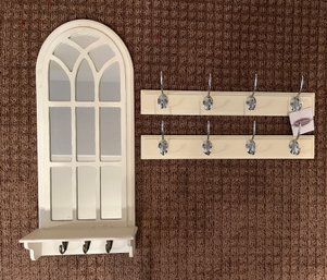 White Arched Wall Mirror With Hooks And Pair Of Wall Hanging Hooks