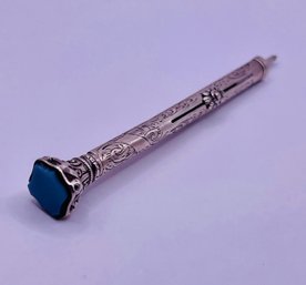 Silver Combination Sliding Propelling Pencil & Pen With Blue Stone And Cast Flower Slider Buttons