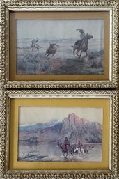 Two (2) Framed Art Prints By CM Russell - 'On The Pond' And 'Crossing The Missouri'