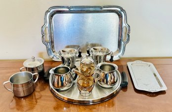 Silver Plate Tea And Coffee Serving Pieces Including Platters, Creamers, And Sugar Bowls
