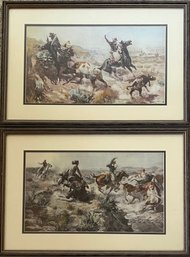 Two (2) Framed Art Prints By CM Russell - 'Range Mother' And 'Jerked Down'