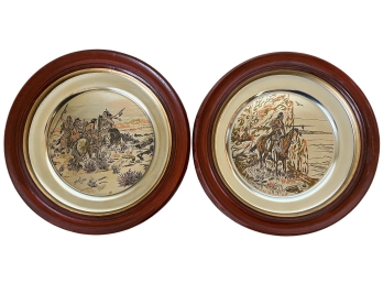 CM Russel - The Out Post , Indians Discovering Lewis And Clark Damascene Framed Plate