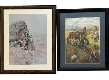 Two (2) Framed Art Prints By CM Russell - 'The Outpost' And 'The First Furrow'