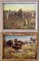 Two (2) Framed Art Prints By CM Russell - 'single Handed' And 'Running Buffalo'