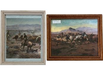 Two (2) Framed Art Prints By CM Russell - 'The Round Up' And 'The Attack'