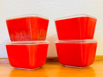 Four Vintage Red Pyrex Refrigerator Dishes