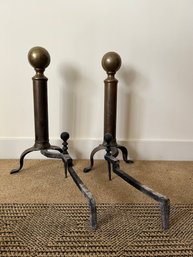 18th Century American Queen Anne Colonial Wrought Iron & Brass Andirons