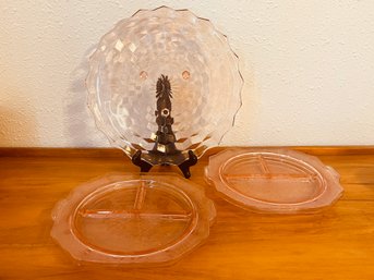 Pink Depression Glass Divided Plates And Tray