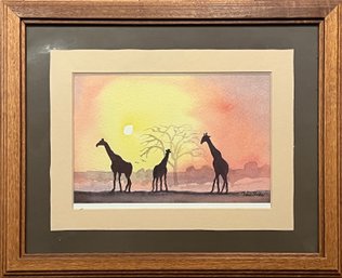 Giraffe Silhouettes Watercolor Print, Signed In Bottom Corner