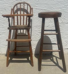 Antique Wooden Highchair And Wood Barstool With Cushion