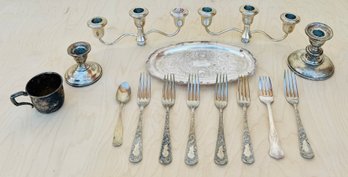 Silver Collection Of Candlesticks, Utensils, Cup & Silver On Copper Platter