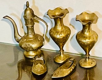 Grouping Of Vintage Brass Vases & Shoe Ashtrays