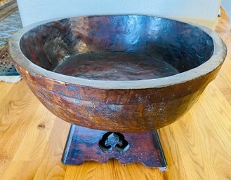 Antique Korean Hand-crafted Wood Rice Bowl Made Into Glass Table With Stand