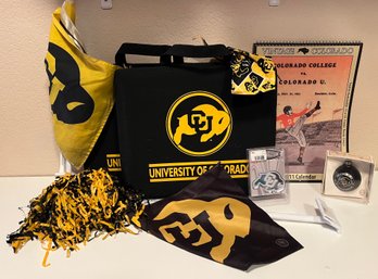 CU Buffaloes Gear Including Seat Cushions, Pom Poms And Vintage Colorado Calendar