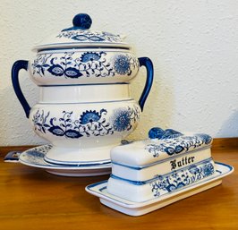 Vintage Blue Onion Tureen With Plate And Ladle Plus Butter Holder