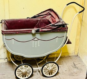 Vintage Grey / Burgundy Pram Baby Doll Stroller