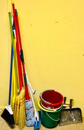 Lot Of Mops, Brooms & Buckets