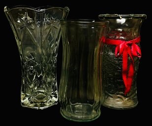 Grouping Of 3 Vintage Clear Vases