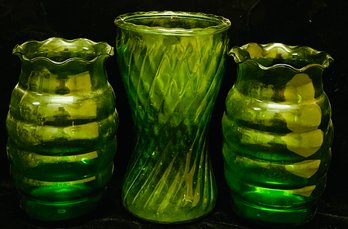 Grouping Of Green Bee Hive Vases & Ribbed Swirl Vase