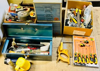 Lot Of Hand Tools & Tool Boxes Including Hardware Boxes, Hammers, Saws & More