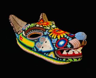 Mexican Huichol Beaded Coyote Mask In Glass Dome Case