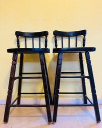 Pair Of Wooden Barstools, Painted Black, With Low Backs