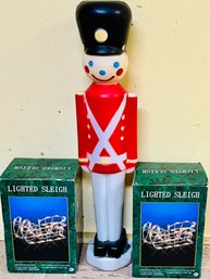 Lighted Toy Soldier & Pair Of Light Up Sleighs