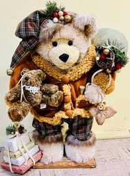 Vintage Grandeur Noel Collectors Edition Christmas Bear Plush Stuffed Bear Figurine Wood Base