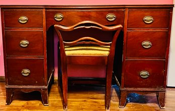 Mid Century Mahogany Wood Desk With Chair