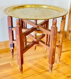Tunisian Brass End Table Tray With Folding Hand-carved Inlaid Folding Stand
