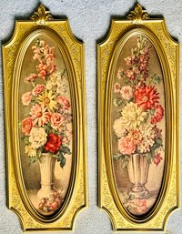 60s Vintage Syroco Florentine Gold Frames W/ Floral Art Prints, Italian Villa Wall Plaques