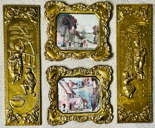 Vintage Holographic Framed Picture Pair  England & Vintage Gold Romantic Set Of 2 Metal Embossed Plaques