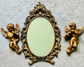 Vintage Ornate Faux Brass Mirror & Pair Of Baroque Style Musician Angels