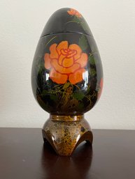 Vintage Black Lacquerware Floral Egg Vase With Removable Top