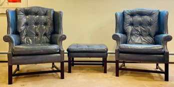 Classic Leather Pair Of  Arm Chairs & Ottoman