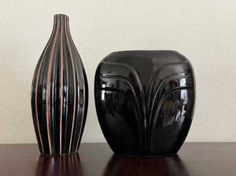 Pair Of Black Draped And Striped Designed Vases