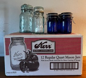 Kerr Quarts And Selection Of Colored Glass Bail-top Jars