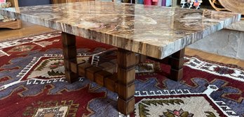 Petrified Wood Table Top On Teak Base