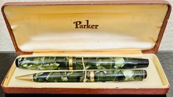 Parker Black And Green Marbled Fountain Pen And Mechanical Pencil Duo