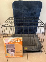 Pet Crate, Bed, And Door